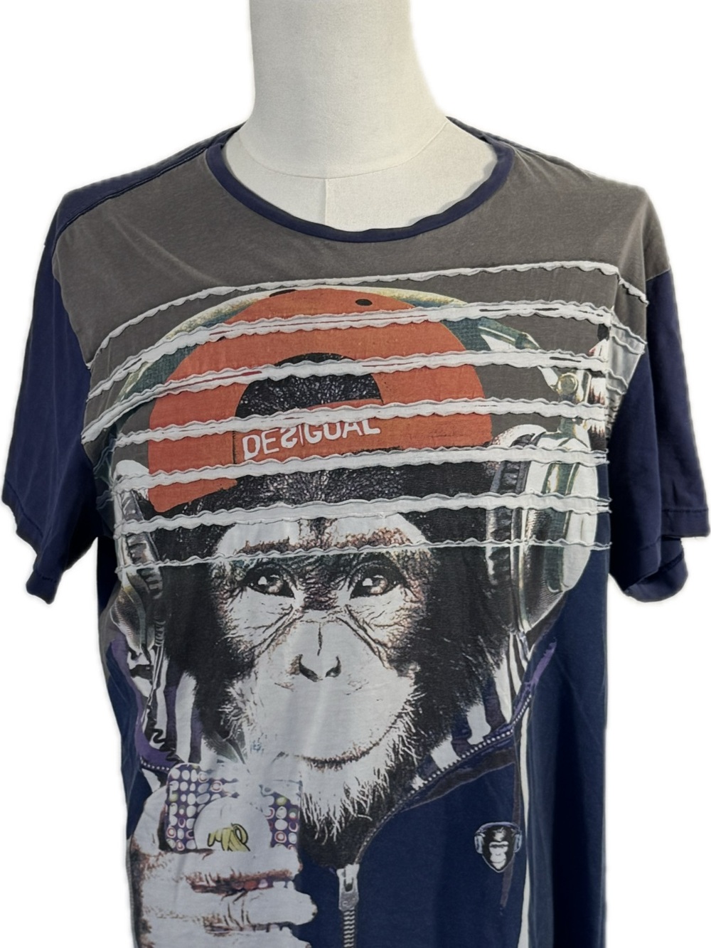 Desigual Monkey DJ Graphic T-Shirt XXL Blue Oversized Art Tee Y2K